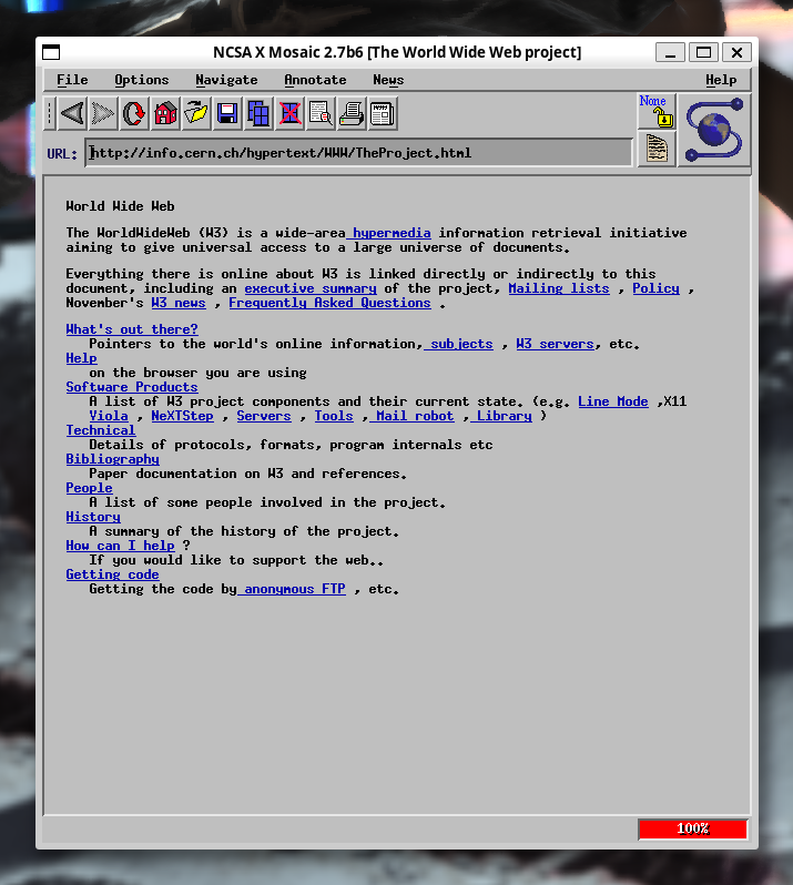 A screenshot of NCSA Mosaic showing an early web page about the World Wide Web hosted at http://info.cern.ch/hypertext/WWW/TheProject.html. The browser is running in WSL and is depicted against a background of a FFXIV character on Mare Lamentorum.